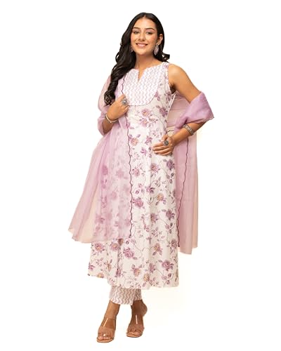 Image of FIORRA Women's White Cotton A-line Kurta with Pant and Dupatta