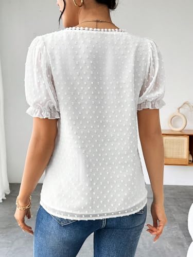 Image of Shasmi Women's Elegant French Textured Fabric Solid Color Lace Panel V-Neck Jacquard Blouse,Short Puff Sleeve Tops Simple Daily Spring /Summer Casual Blouse Shirt (Top 178)