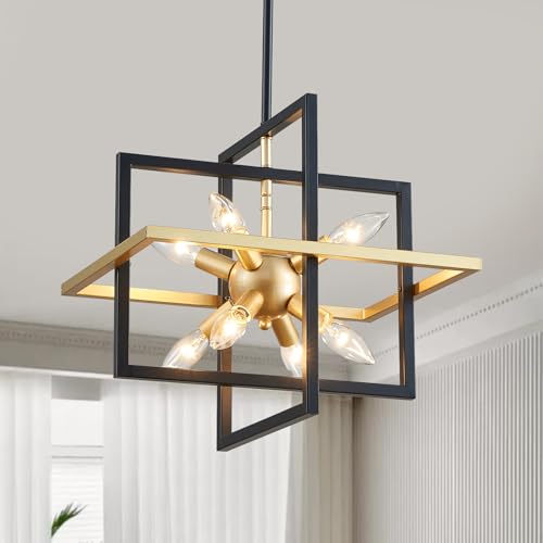 Majhoiw Modern Chandelier 8-Light Farmhouse Black and Gold Geometric Pendant