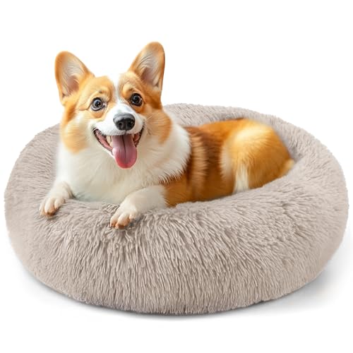 28in Large Dog Bed, Calming Donut Bed for Puppy and Kitten (Brown)