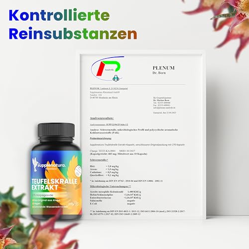 Teufelskralle Kapseln (Extrakt) | 270 Kapseln | PREMIUM: 2,7% Harpagoside | 1650mg pro Tag | Vegan & Laborgeprüft - SUPPLENATURA®