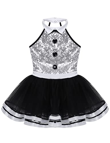 Foto von iEFiEL Mädchen Pailletten Ballettkleid Glitzer Tanzkleid mit Kragen & Knöpfe Performance Kostüm Kinder Ballett Tutu Ballettanzug Body Gymnastikanzug Silber & Schwarz 134-140