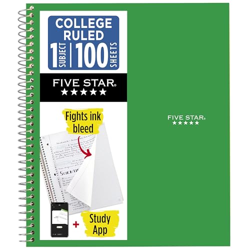 Image of Five Star Spiral Notebook Plus Study App, 1 Subject, College Ruled Paper, 100 Sheets, 8-1 /2 inch x 11 inch, Forest Green (72055)