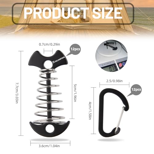 Anclajes para terraza con mosquetones - Pack de 12 piezas, anclajes de aluminio 7075, estacas de tienda estilo espina de pez, tensores y ajustadores de cuerda a prueba de viento para tiendas, toldos y muebles de camping negro miniatura 3