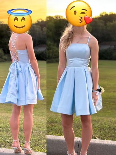 Spaghetti Straps Homecoming Dresses 2025 Short Satin Cocktail Dress A Line Mini Puffy Prom Gown with Pockets4