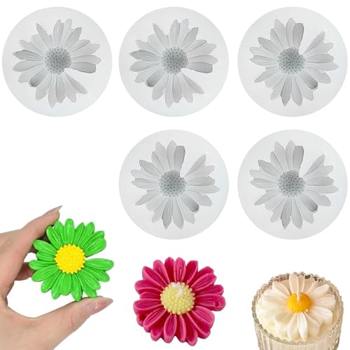 5 Pièces Moule Silicone Fleur, en Forme de Marguerite 3D, Résistant à la Température -40~230°C, Outils de Cuisine, pour la Pâtisserie, les Bougies, le Savon et la...