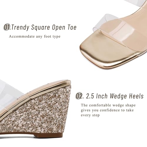 Wedge Sandals for Women Square Open Toe Wedge Heels Clear Two Strap Slip on Sandals Glitter Heels Transparent Slides Shoes2