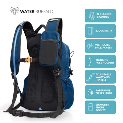 Image of Water Buffalo Hydration Backpack - Sherpa 22L Hiking Backpack with Water Bladder - Water Backpack for Hiking with Waterproof Zippers, Phone & Pole Holders