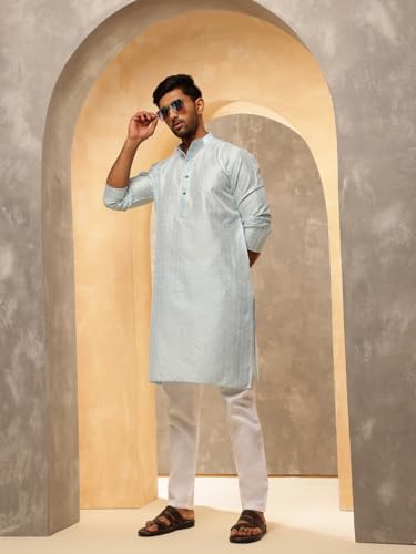 Image of SOJANYA (Since 1958 Men's Silk Blend Long Kurta with Subtle White Detailing | Traditional Ethnic Wear for Navratri