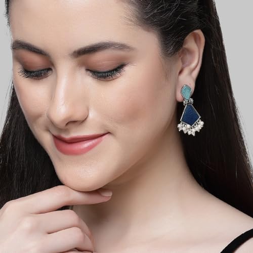 Image of Karatcart Silver Tone Diamond Shape Pink and Blue Carved Stone Studded Drop Earrings for Women
