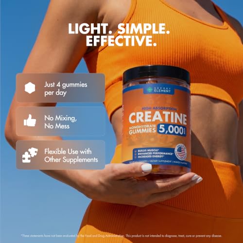 Image of Secret Element Creatine Monohydrate Gummies 5000 mg per Serving, Sugar Free Vegan Gummies, Non-GMO, Creatine Chews for Women & Men, 30 Servings, 120 Gummies, Mango Flavor