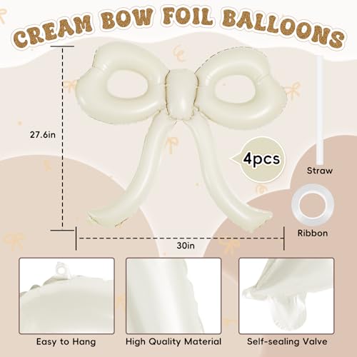 Image of 4 Pcs Bow Birthday Decorations Cream Bow Balloons for Girl Women Bow Themed Party Decorations Giant Foil Beige Balloons for Birthday Baby Shower Gender Reveal Wedding Decor Party Supplies