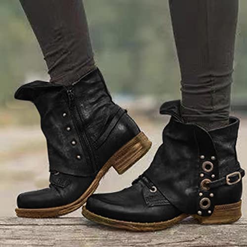 Hbeylia Vintage Boho Work Boots For Women Leather Studded Lace Up Metal Buckle Wrapped Wide Round Toe Chunky Block Low Heels Ankle Booties Bohemian Rivet Winter Fall Short Combat Boots For Riding2