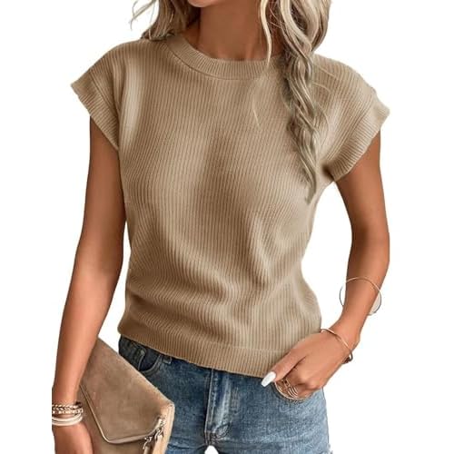 Floral Find Womens Casual Cap Sleeve Crew Neck Sweater Pullover Loose Fit Lightweight Summer Knit Sweaters Top X-Large Khaki