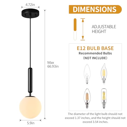 Image of Modern Hanging Light Fixture Pendant Lighting for Kitchen Island Mid Century Black Pendant Lights with Globe Milky White Glass Pendant Light for Bedroom Bathroom Entryway (1 Pack)
