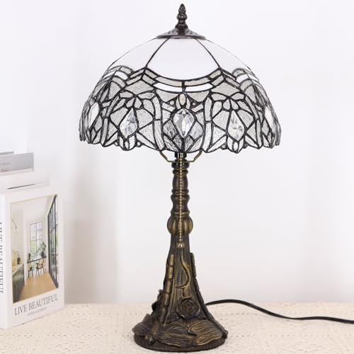Image of 12 Inch Tiffany Stained Glass Lamp Shade Replacement Only (White) | Stained Glass Style Lampshade with Cap fit for Table lamp Pendant Light Ceiling Fixture