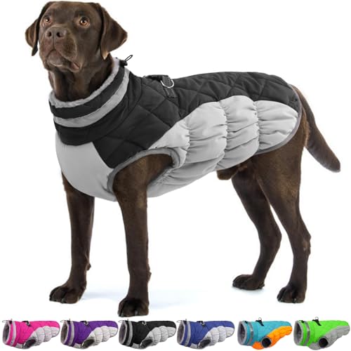 OUOBOB Dog Coats for Large Dogs,XL Dog Coat,Warm Fleece Winter Coat with D-Ring,Back Zipper Pet Jacket for Large Dogs,Waterproof Pet Snow Jacket Clothes Snowsuit Beagle Corgi Border Collie,Black,XL