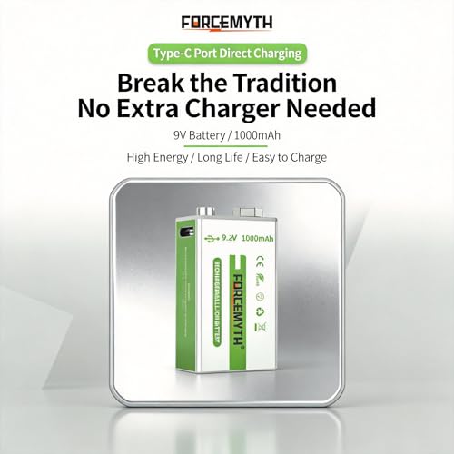 Image of 9V Rechargeable Lithium Battery with Charger Kit, 1000mAh High-Capacity, Direct USB-C Fast Charge, Stable 9V Output, 1200+ Recharge Cycles, 10-Year Shelf Life, 1-Pack