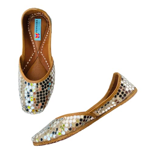 Snow White Mirror Punjabi Jutti for Women | Mojaris | Bridal Wear | Ethic jootis (Silver, Numeric_7)