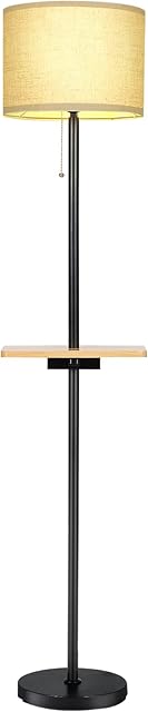 TANGZON Floor Lamp, Standing Lamp with Shelf Plate, USB Ports, Pull-Ring Switch and Shade, Tall Reading Lamp for Living Room, Bedroom, Study and Office