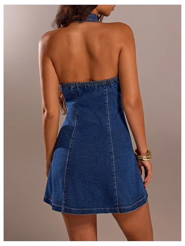 Floerns Women's Y2k Denim Halter Mini Dress Sleeveless Deep V Neck Button Down A Line Going Out Jean Dresses2