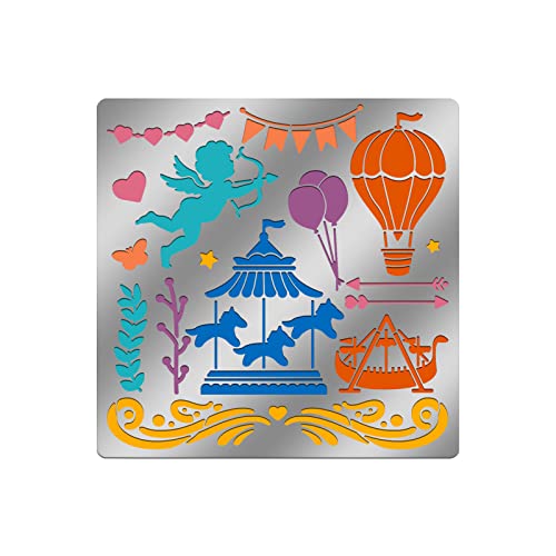 ORIGACH 6x6 inch Metal Amusement Park Project Stencil Carousel Pirate Ship Pyrography Stencils Template for Wood Carving Drawings and Woodburning