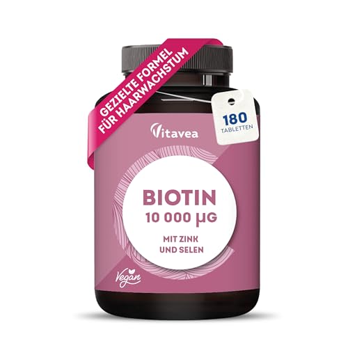 Biotin 10.000 mcg mit Selen & Zink - Vegan - Haarwuchs Haut & Nägel - Hochdosiert mit Vitamin B8 - Laborgeprüft ohne unerwünschte Zusätze - 180 Tabletten - Vitavea