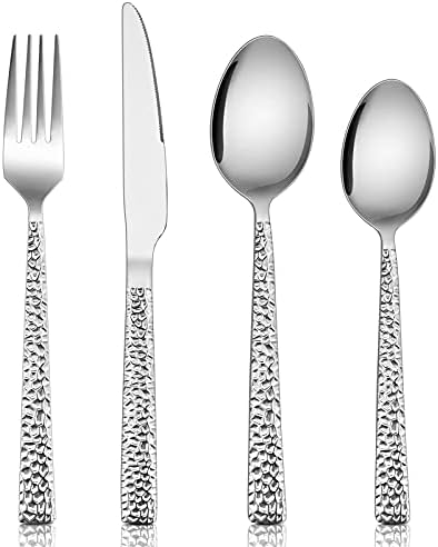 Cutlery Set, Homikit Stainless Steel 32 Piece Cutlery Flatware Sets for 8 People, Hammered Silverware Dinnerware Set Included Metal Fork Knife Spoon, Mirror Finished, Dishwasher Safe