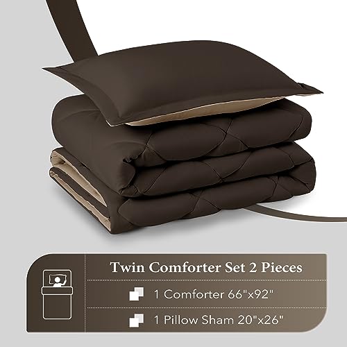 Image of downluxe Twin Comforter Set - Brown and Tan Twin Comforter, Soft Bedding Sets for All Seasons -2 Pieces - 1 Comforter (66 inchx92 inch) and 1 Pillow Sham(20 inchx26 inch)