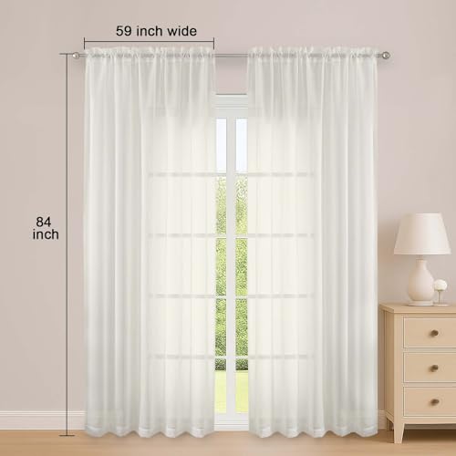 Image of OWENIE Sheer Curtains 84 Inches Long 2 Panels Set, Ivory Sheer Curtain for Living Room Bedroom, Modern Voile Filmy Rod Pocket Curtains & Drapes, 2 Pcs, Each 59 W x 84L Inch, Ivory