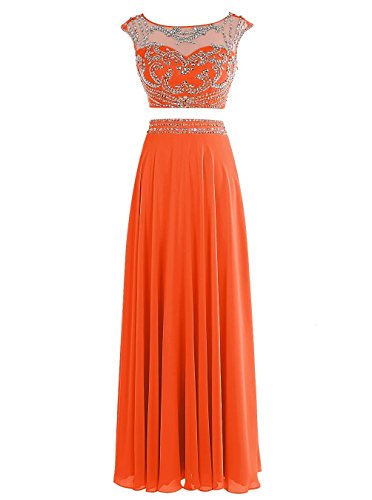 Snowskite Women's Long Two Pieces Chiffon Beaded Prom Evening Dress Orange 26