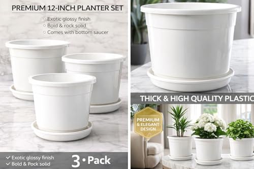 Image of 12 Inch Glossy White Plastic Planter with Bottom Plate | Heavy Duty Flower Pot with Tray for Indoor Home Decor, Balcony, Living Room & Outdoor Garden (3 Pot, White)