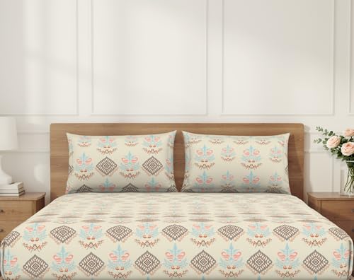 Image of Welspun ENZO Queen Size Fitted Bedsheet with 2 Pillow Covers | 360 Elastic | 100% Pure Cotton | 60 x 78 Inches | Soft, Breathable, Lightweight & Easy Care | Cream