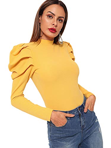 Romwe Women s Elegant Mock Neck Keyhole Back Leg-of-Mutton Long Sleeve Blouse Ginger Medium