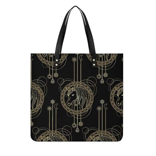 Sac à main shopper licorne noire dorée : tote bag femmes idéal voyage 39x39cm
