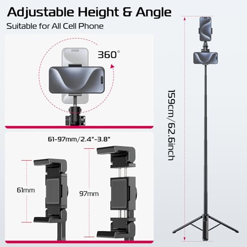 Image of ULANZI MT-70 Extendable Tripod, 63 inch Selfie Stick With 2 Phone Clips, 360 Rotate Dual Camera Stand for iPhone Sony Canon GoPro, Lightweight for Travel | 360 Rotate, Two Clips as Teleprompter, Cold Shoe, Camera Holder Extendable Tripod for iPhone Pocket 4 Luna Nano