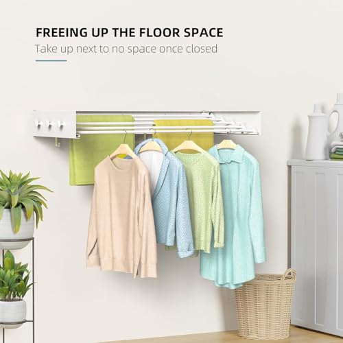 Drying Rack Clothing,Clothes Drying Rack Wall Mounted,Laundry Drying Rack Wall Mount,Foldable,Collapsible,60 lb Capacity 4 Aluminium Poles with 12 Hooks,Space Saving Clothes Drying Rack,White 31.5'' by Unkqan - Image 6