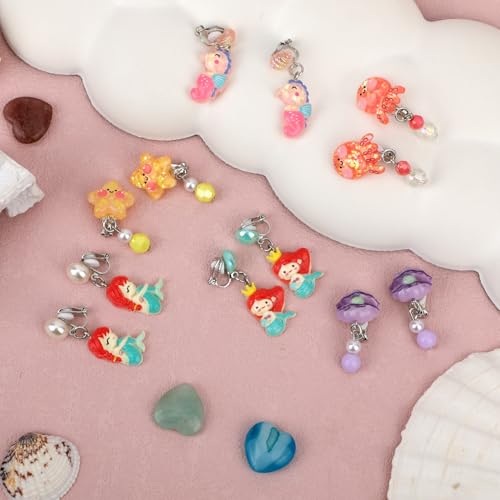 6 Paar Ohrclips für Mädchen, Muschelschale Meerjungfrau Seepferdche Kinder-Ohrclips Ohne Ohrloch Meerestier-Ohrclips für Kleinkinder Mädchen Ankleideschmuck Perfektes Dekorationszubehör