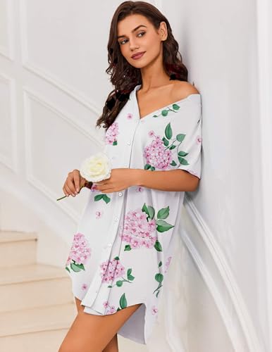 Image of Ekouaer Women V Neck Button Down Nightgown