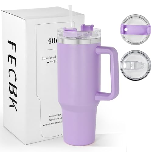FECBK Thermobecher mit Strohhalm, Henkel und 2 Deckeln 1,2L, Lavendel – Ansicht 1