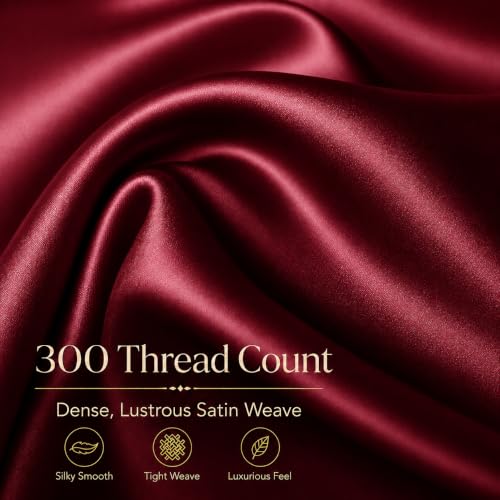 Image of Cloth Fusion Flat Satin Bedsheet Double Size 90x100 inch | Crimson Red, 2 Pillow Covers, 300 TC, Glossy Finish, Smooth on Hair and Skin, Gift for Couples, Wedding & Anniversary
