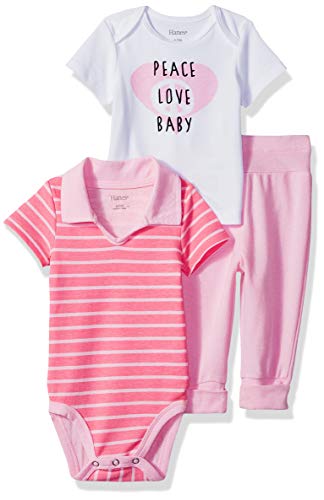 Hanes Ultimate Baby Flexy Knit Jogger with Polo Bodysuit and Short Sleeve Crew, Pink Fun, 6-12 Months