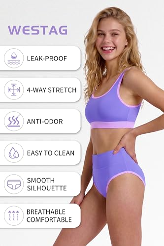 Image of Period Swimwear Two Piece Leakproof Swimsuit Menstrual High Waist Bikini Sets Color Block Bathing Suit for Teen Girls