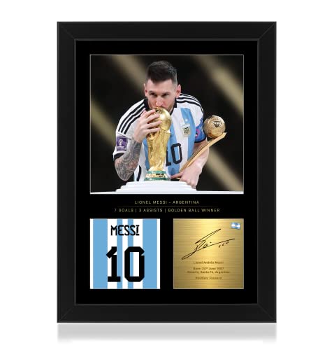 Lionel Messi Celebratory World Cup 2022 - Foto enmarcada A4, firma digital reproducida, regalo para los fanáticos del fútbol