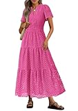 PRETTYGARDEN Womens 2025 Summer Maxi Dress Short Sleeve V Neck Hollow Out Eyelet A Line Long Flowy Beach Vacation Dresses (Rose Red,Large)