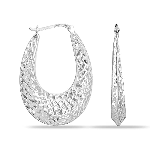 LeCalla 925 Sterling Silver Jewelry Diamond-Cut Light-Weight Oval Hoop Earrings for Women