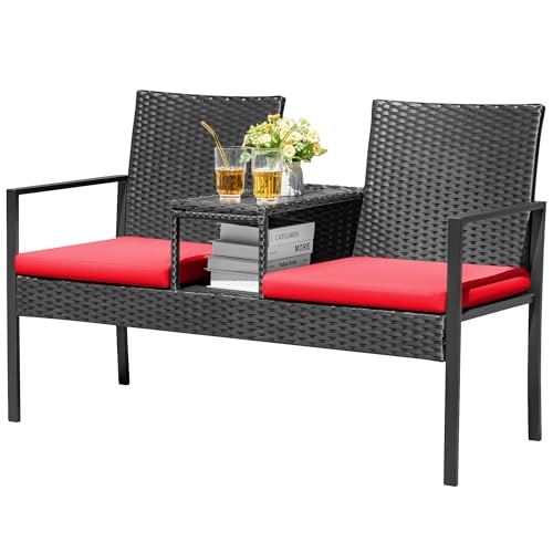 Devoko Patio Conversation Sets Outdoor Loveseat with Built-in Table &