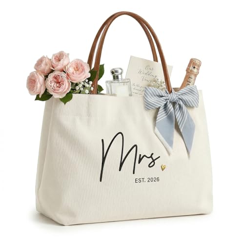 Ugiftcorner Mrs Gifts for Bride Tote Bag 2026 Embroidered Canvas Wedding Essential Bag with Leather Handle & Pocket Bridal Shower Gift for Bride to Be Bachelorette Honeymoon Future Mrs Beach Bag