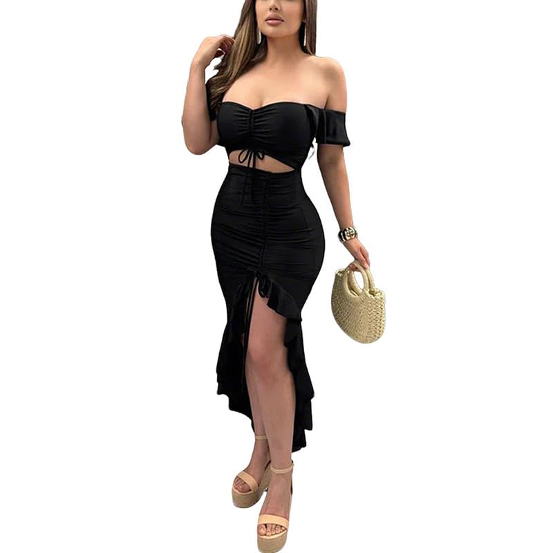 VJJ AIDEAR Elegant Strapless One-Shoulder Evening Dress with High Slit & Irregular Ruffles2