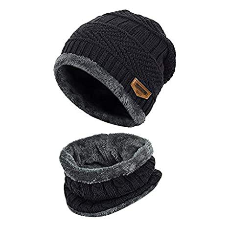 ADBUCKS Snow Proof Inside Fur Wool Unisex Cap & Neck Warmer Set for Mens & Womens (Black)